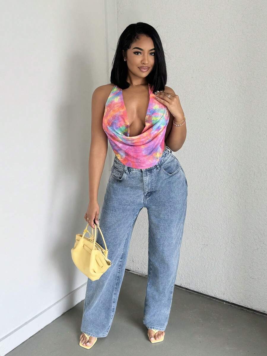 Alexandranx Tie-Dye Print Draped Neck Sleeveless Crop Top, Vacation Style For Women - Multicolor - View 1