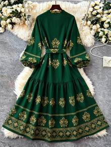 Franclia Đầm hoa cỡ lớn dành cho nữ, cổ chữ V, cài cúc phía trước, thắt eo, kiểu vintage, đầm mùa hè, đầm maxi hoa cho kỳ nghỉ, mùa xuân/hè. - màu xanh lá - Xem 2