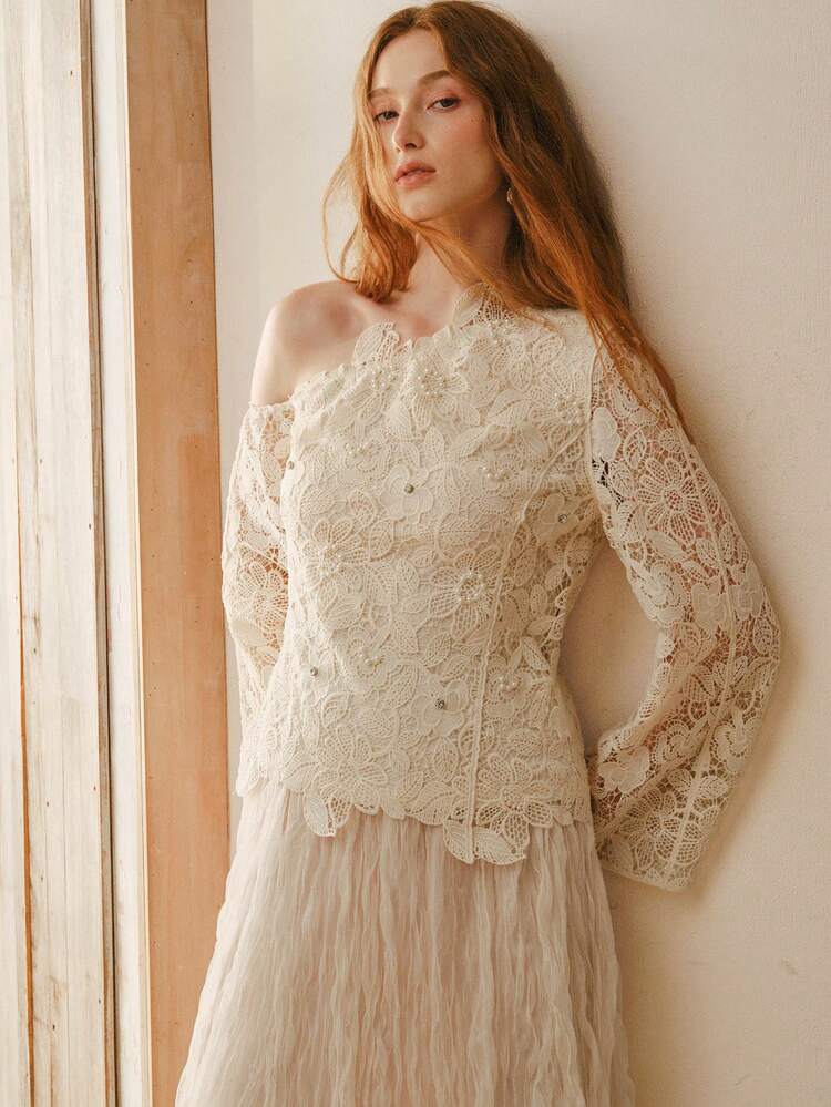 WOMEN'S ASYMMETRICAL HOLLOW CROCHET OBLIQUE COLLAR LACE ELEGANT TOP