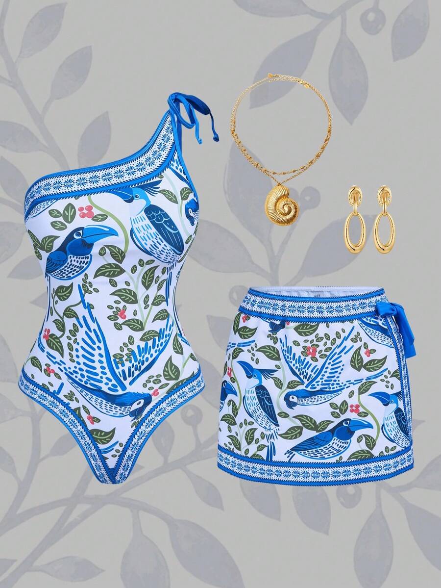 Swim Oasis Bộ 2 món dành cho nữ, thích hợp cho kỳ nghỉ hè, đi biển, phong cách BOHO thanh lịch, lãng mạn, họa tiết lá nhiệt đới, hoa lá, phong cảnh, gồm áo tắm liền thân bất đối xứng và chân váy maxi quấn, phù hợp cho bãi biển, kỳ nghỉ, tiệc trà chiều, dã ngoại, tiệc tùng, mặc hàng ngày, hoạt động ngoài trời, thời trang. - Nhiều màu - Xem 1
