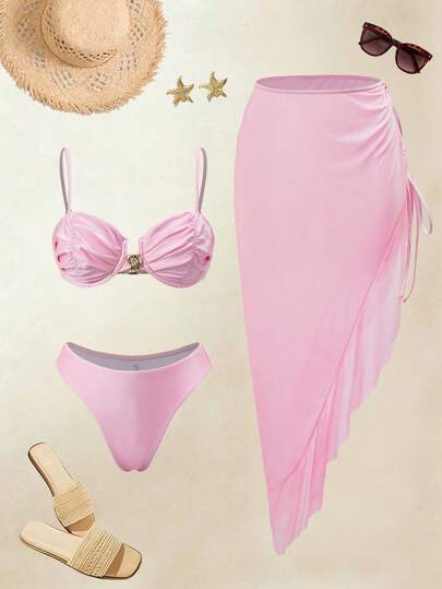 Swim Oasis 26SS 春夏度假沙滩成熟优雅粉色钢圈加垫比基尼上衣及花边裙三件套泳衣