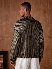 AKNOTIC品牌 - 男士新款金属箔套头毛衣 - 高级时尚男士闪亮衬衫水钻服装男士黑金套装男士亮片衬衫开襟针织衫男士闪亮衬衫男士亮片衬衫 - 金色 - 查看 3