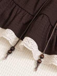 Sweetra 时尚优雅甜美少女风美拉德棕色系带串珠腰A字裙摆蕾丝点缀法式春夏新款女裙 - 棕色 - 查看 6