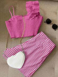 GlowEve 2pcs/Set Striped Asymmetrical Top & Striped Shorts - Hot Pink - View 2