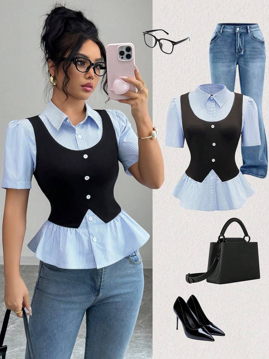 Elenzga Women's Collared Blue & White Striped Puff Sleeve Fitted Splice Blouse, Fashionable Daily Wear, Commute, Elegant New Style Black Shirt - Multicolor - View 1