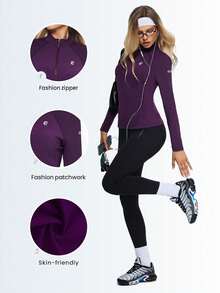 Eassivo Eassivo 女士修身长袖半拉链紧身瑜伽上衣，运动T恤 - 紫色 - 查看 1