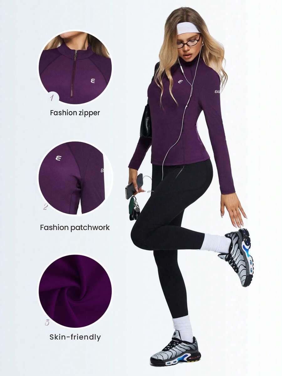Eassivo Eassivo 女士修身长袖半拉链紧身瑜伽上衣，运动T恤 - 紫色 - 查看 1