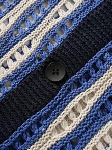 ROMWE MEN Street Life Men's Summer Casual Contrast Stripe Hollow Out Knit Top - Blue - View 5