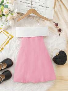 SHEIN 女童撞色蝴蝶结装饰优雅连衣裙，A字法式修身连衣裙。粉色蝴蝶结连衣裙。女童特殊场合连衣裙，粉色连衣裙，休闲简约舒适翻领泡泡袖网纱拼接连衣裙，适合婚礼季、圣诞节、生日礼物、派对穿着，也可与妈妈、女儿和姐妹穿着。返校季。 - 彩色 - 查看 5