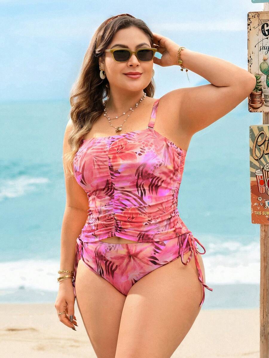 Swim Vcay Plus Size Women Tropical Plant Print Tankini Swimsuit Set - Multicolor - View 1