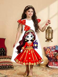 夏季女童卡通公主印花无袖连衣裙，配红色波点蝴蝶结。这款可爱的连衣裙适合各个年龄段的女孩，采用柔软的白色面料，印有色彩鲜艳的卡通公主图案。无袖设计搭配褶皱肩部蝴蝶结，更添俏皮魅力。 - 白色 - 查看 3