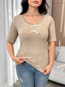 Feyla Plus Size Women Contrast Lace Round Neck Short Sleeve Bow Decor Fashion T-Shirt Knit Tops For Women Bow Tops For Women - Apricot - View 6