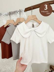 LMoss Kids LMoss  3pcs/Set Young Girl Solid Color Striped Collar Casual T-Shirt - Multicolor - View 3