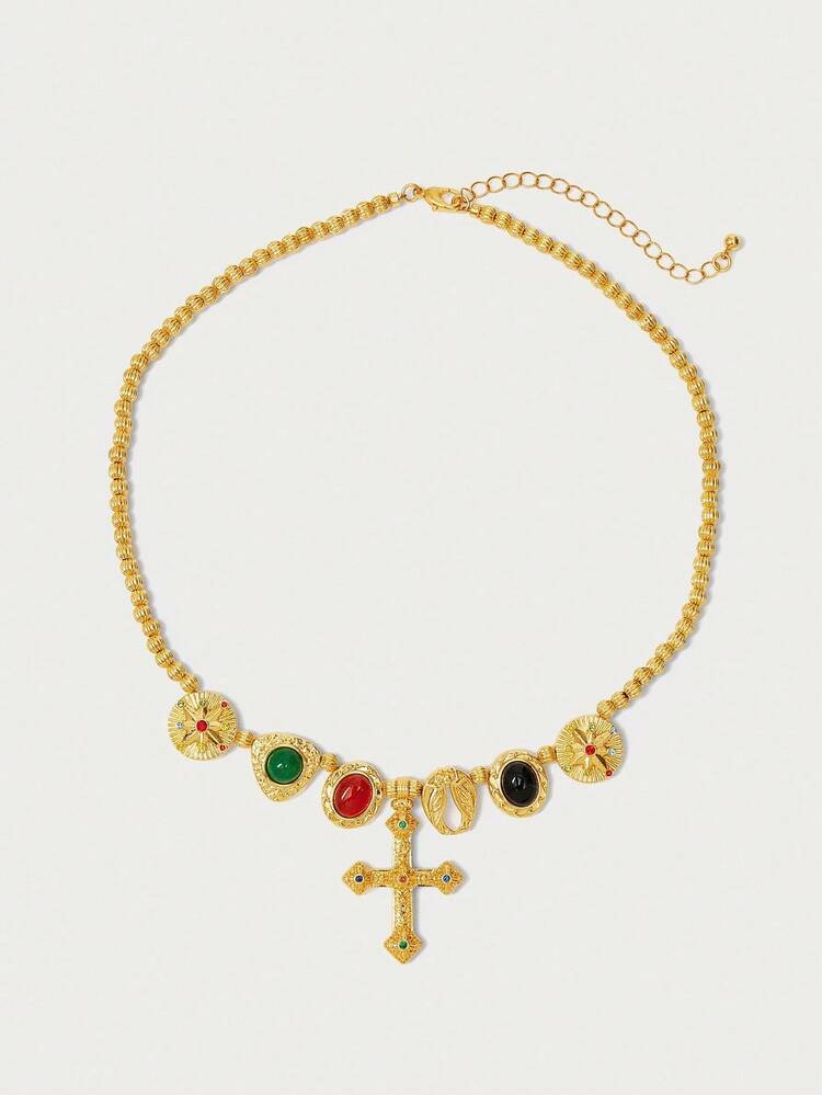 Glisma 18K镀金单件式纹理金属水钻立方氧化锆十字串珠Y2K项链，适合派对、休闲、音乐会/节日、夜店、婚礼、假日、度假、露营等场合。 - 金色 - 查看 2