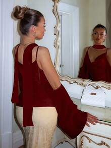 Glamine Charm Choker Neck Cold Shoulder Draped Front Ruched Top Fall Women Clothes Back To School - Burgundy - View 7