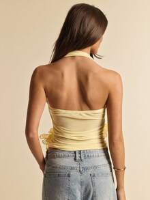 SHEIN BAE Áo tank top nữ màu vàng kem, cổ yếm, xếp ly, chất liệu voan mỏng, trang nhã, họa tiết hoa. - Vàng nhạt - Xem 2