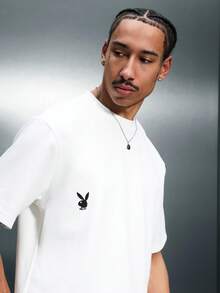 PLAYBOY X SUMWON 男士短款圆领短袖T恤，胸前印有黑色小Logo，休闲夏季上衣 - 白色 - 查看 4