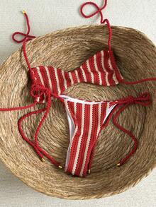 Swim Vcay 红色条纹编织比基尼套装，海滩度假，春夏 - 紅色 - 查看 3