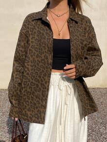 DAZY Loose Casual Vacation Style Brown Leopard Print Butterfly Women Denim Jacket And Coat, Spring/Summer - Brown - View 5