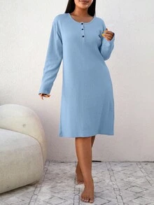 EURMUSE 100%Cotton Plus Letter Embroidery Half Button Nightdress - Baby Blue - View 5