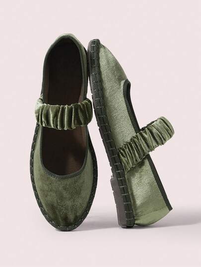 CUCCOO DOLLMOD Zapatos planos de estilo Mary Jane de terciopelo plisado elástico naranja brillante, elegantes y cómodos para mujer