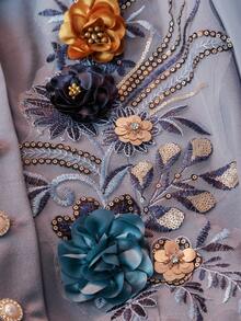 Lacomfia Plus Size Women's Elegant Embroidered Applique Long Sleeve Fitted Shirt With Collar, Suitable For Work - Dusty Blue - View 6