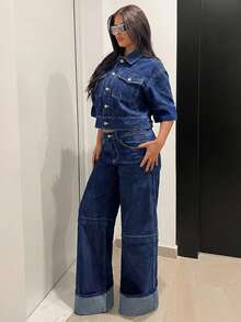 Jeanoix Quần jeans ống rộng cạp đôi dáng casual dành cho nữ, chất liệu wash nhẹ. - Màu xanh lam - Xem 6