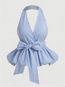 Olithes 2026新款女士裹身式露背上衣，饰有蝴蝶结，经典条纹图案 - 适合日常休闲、办公室通勤、轻松度假穿着 - 彩色 - 查看 4