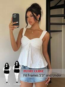 SHEIN PETITE CURVE White Summer Casual Vacation Women's Plus Size Petite Solid Color Drawstring Thick Strap Elegant Tank Top - White - View 2