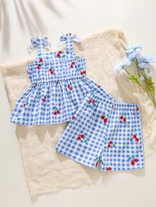 SHEIN 2件組女嬰新生兒0-3歲可愛度假風藍白條紋蝴蝶結裝飾吊帶上衣+短褲套裝 夏季櫻桃小女童套裝 - 藍色 - 查看 3