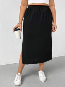 SHEIN Essnce Váy đen xẻ cao thời trang mùa xuân/hè cho nữ, thoải mái, đa năng, tôn dáng, chất liệu vải có họa tiết, chất liệu mềm mại, kiểu dáng đơn giản, váy đen xẻ tà mùa hè kiểu châu Âu, váy dài xẻ tà cho nữ, váy xẻ đùi, váy che phủ màu đen, váy mùa xuân cho nữ, váy mùa xuân cho nữ - màu đen - Xem 3