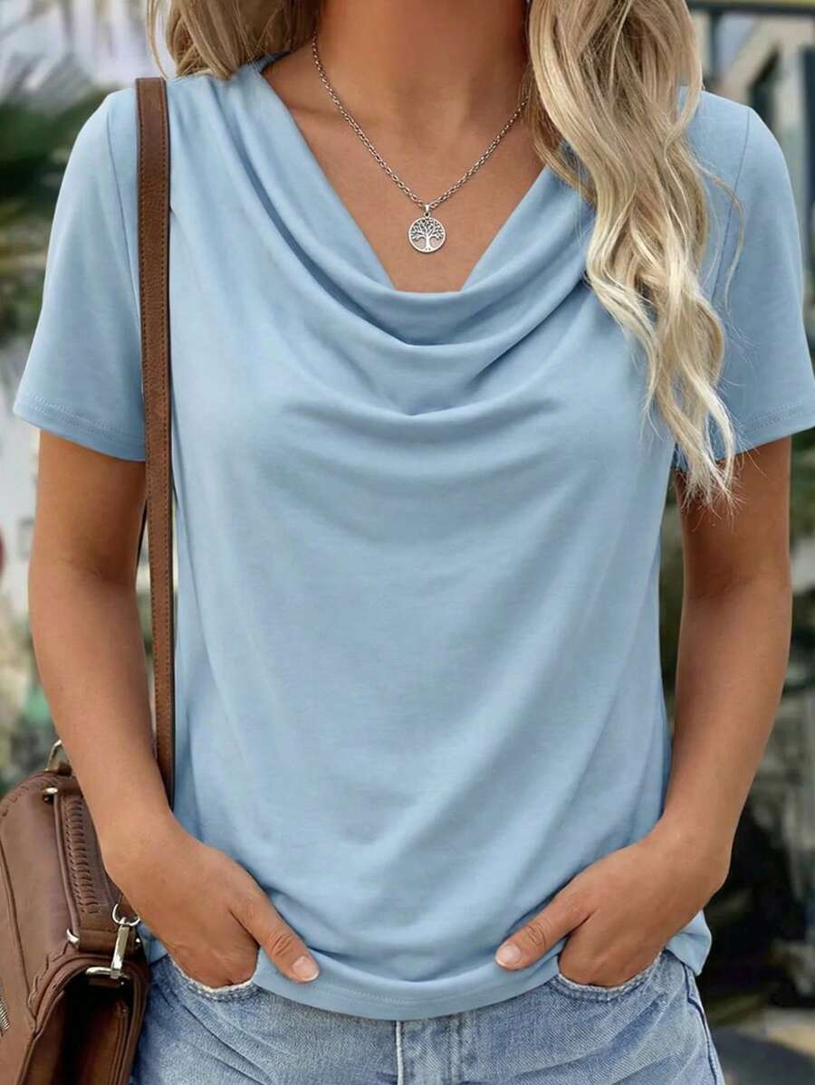 EMERY ROSE Elegant And Stylish Commuting Style Draped Neck Short-Sleeved T-Shirt. Soft And Breathable - Baby Blue - View 1