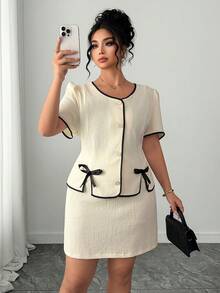 Elenzga Plus Size Spring/Summer Button Bow Contrast Color Short Sleeve Top And Mini Skirt 2 Piece Set, Elegant - Multicolor - View 4