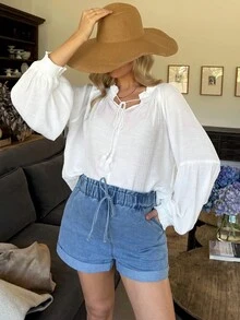 SHEIN Maternity Casual Washed Denim Shorts For Women,Light Blue Cotton Blend Summer Breathable Shorts With Elastic Waist Drawstring And Rolled Hem,Chic Y2k - Blue - View 8