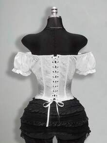 SHEIN ICON Áo corset satin jacquard màu trắng, cỡ lớn dành cho nữ, phong cách retro, gợi cảm, thanh lịch, hiện đại, trẻ trung, thập niên 2000 và Bohemian, thích hợp cho ngày Valentine: Áo corset tay phồng trễ vai bằng satin jacquard. - trắng - Xem 2