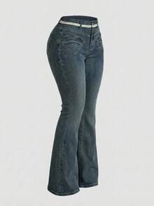 Sweetra Women's Fashion Casual Versatile Heart Pocket Skinny Flare Leg Jeans - Dark Wash - View 3