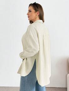 SHEIN Essnce Áo sơ mi dài tay kẻ sọc cài cúc, kiểu dáng rộng rãi thoải mái, cơ bản, đa năng, tôn dáng dành cho nữ, thích hợp mặc hàng ngày, thời trang xuân/hè, dành cho nữ, kiểu dáng rộng, đơn giản, thích hợp cho mùa xuân. - Màu vàng - Xem 3