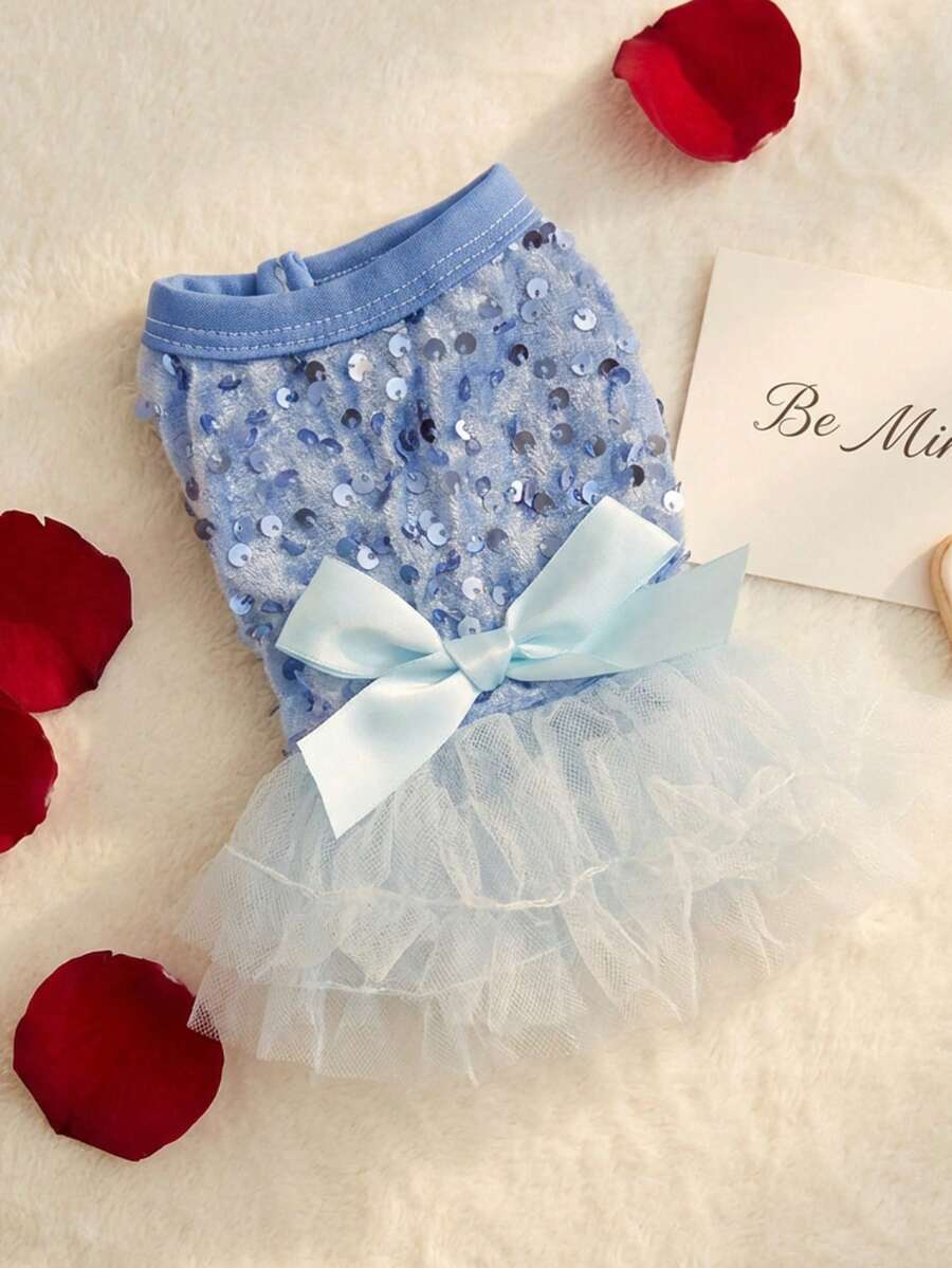 PETSIN 1pc Pet Universal Valentine's Day Sequin Mesh Princess Dress Dog Apparel - Light blue - View 1