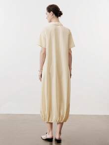 Aalyst 女士优雅法式休闲/通勤/度假/下午茶浪漫高品质棉麻衬衫领褶皱下摆喇叭形宽松长袖连衣裙，春夏款 - 杏色 - 查看 2