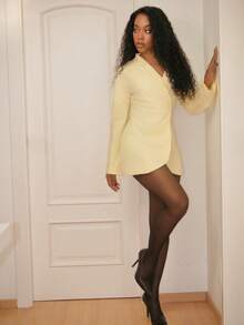 Yess Loren 高领合身束腰西装外套仅限可爱约会之夜外出秋季圣诞夜外出工作办公室返校干净利落冬季派对 - 黃色 - 查看 6