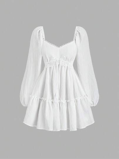 Sweetra Cute & Youthful Square Neck Solid Color Lace Patchwork Lantern Sleeve Loose Dress