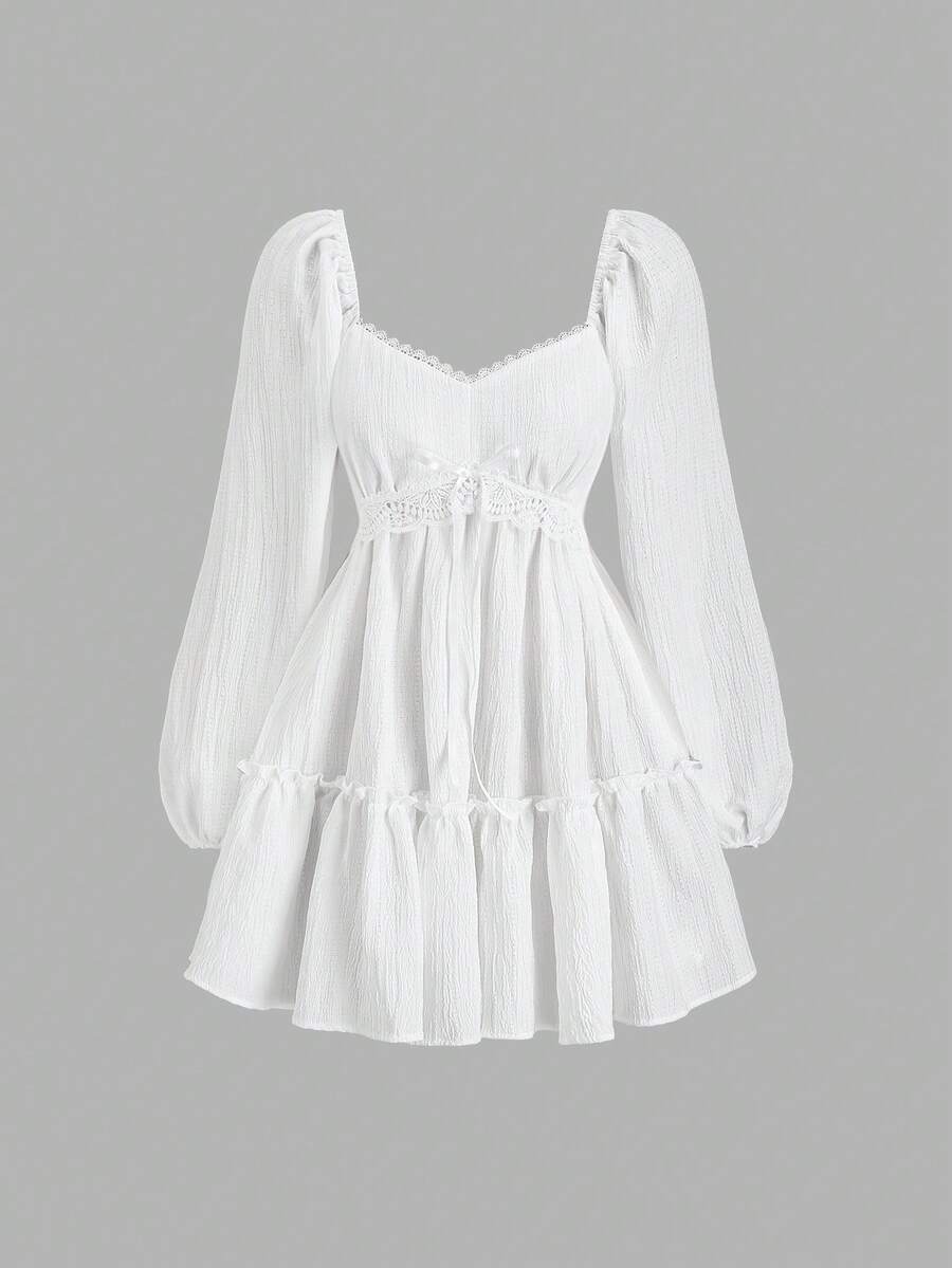 Sweetra Cute & Youthful Square Neck Solid Color Lace Patchwork Lantern Sleeve Loose Dress - White - View 1