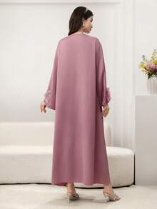 Al Najma 女士春夏粉色梭织真丝醋酸纤维缎面纽扣前开襟长袖蝴蝶花卉优雅阿拉伯连衣裙 - 粉色 - 查看 2