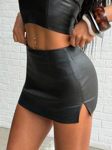 Jeanoix Y2K Women's Coated Side Slit Hem Sexy Bodycon Mini Skirt - Black - View 4
