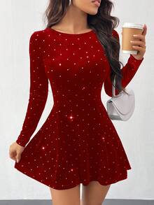 SHEIN PETITE 女款秋季優雅天鵝絨銀箔紅色長袖派對洋裝，紅色波點夜店風聖誕閃亮亮片洋裝，適合小個女款 - 紅色 - 查看 5