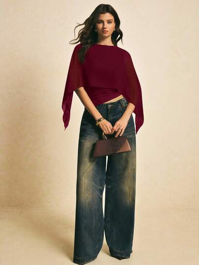 Poéselle Áo thun tay lửng kiểu poncho tối giản màu trơn dành cho nữ, thích hợp mặc hàng ngày.