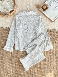 Teen Girls Comfortable Floral Mesh Embroidered Pajama Set - Mint Green - View 2