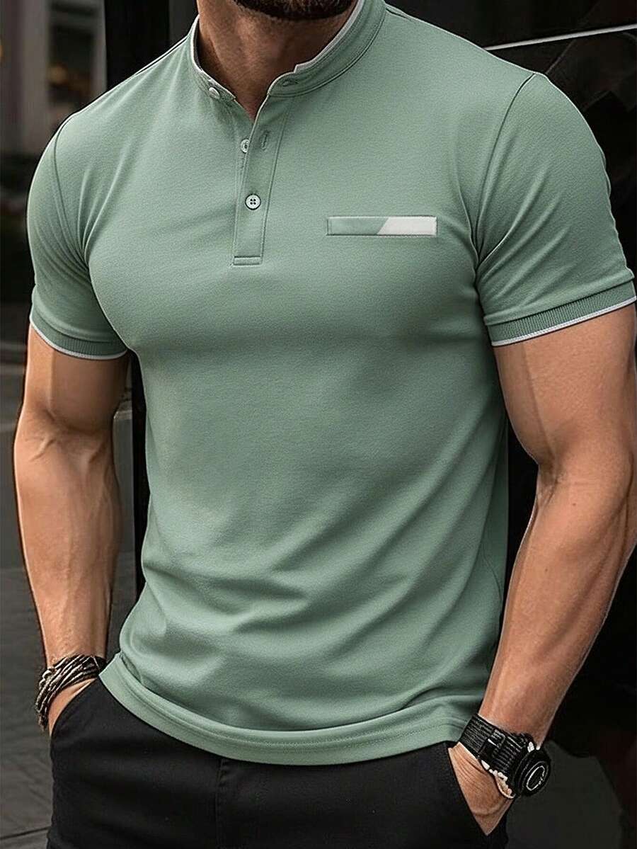 Calvornis 男士鼠尾草綠夏季休閒工作短袖 Polo 衫,立領日常休閒通勤,老錢風父親/男友生日禮物,儀式感 - 綠色 - 查看 1
