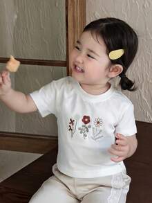 DAZY 女婴花卉刺绣圆领休闲短袖上衣夏季幼儿女童服装 - 白色 - 查看 4