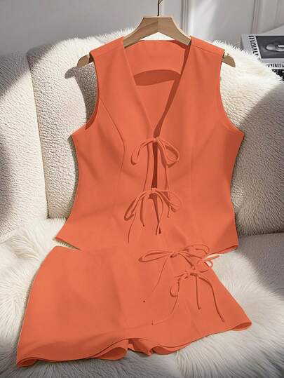 Franclia Women's Summer Casual/Commute Solid Color Tie Front Tank Top And Shorts 2 Pieces Set